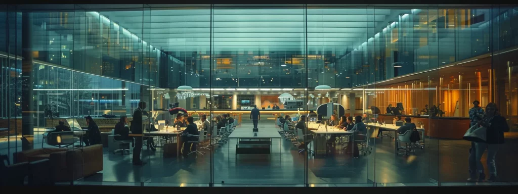 a sleek, modern office space with a large glass conference room filled with professionals engaged in a dynamic brainstorming session, illuminated by soft, ambient lighting highlighting the intensity of their collaboration.