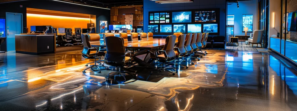 a sleek, modern office space featuring a large conference table surrounded by plush chairs, illuminated by ambient lighting that accentuates the glossy surfaces and high-tech equipment, creating an atmosphere of innovation and collaboration.