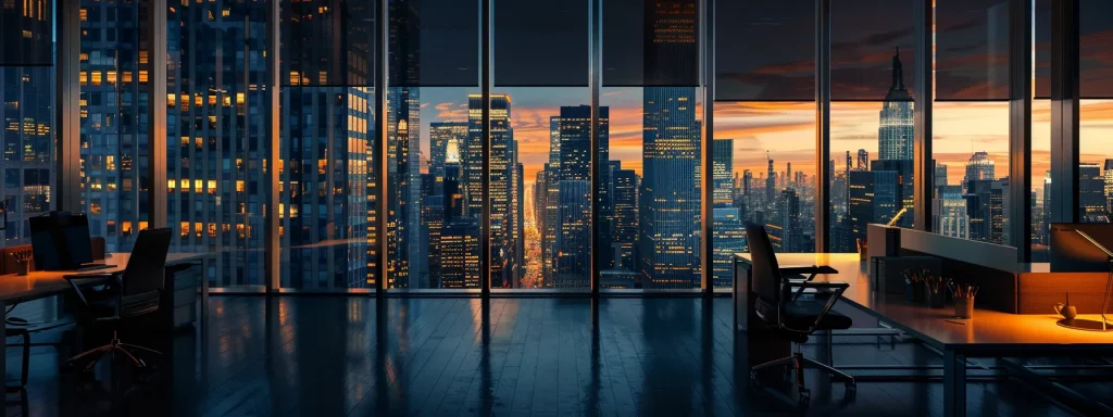 a sleek, modern office space is illuminated by warm ambient lighting, featuring an open-plan layout with contemporary furniture and large windows that showcase a bustling urban skyline.