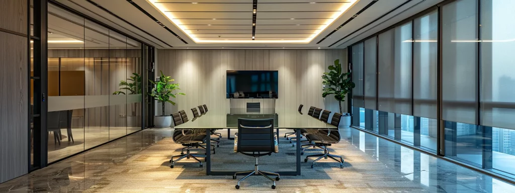a sleek, modern office space featuring a sophisticated meeting room equipped with a large glass table and high-backed chairs, bathed in warm ambient lighting that enhances the professional atmosphere.