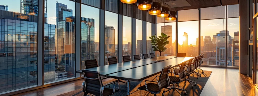 a sleek, modern office with floor-to-ceiling windows showcasing a vibrant urban skyline, where professionals engage in dynamic discussions around a contemporary conference table illuminated by striking pendant lighting.