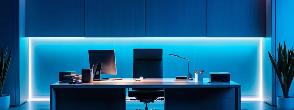 a sleek, modern office workspace is illuminated by vibrant artificial lighting, showcasing a minimalist desk adorned with advanced technology and creative design elements, reflecting a dynamic atmosphere of innovation and professionalism.