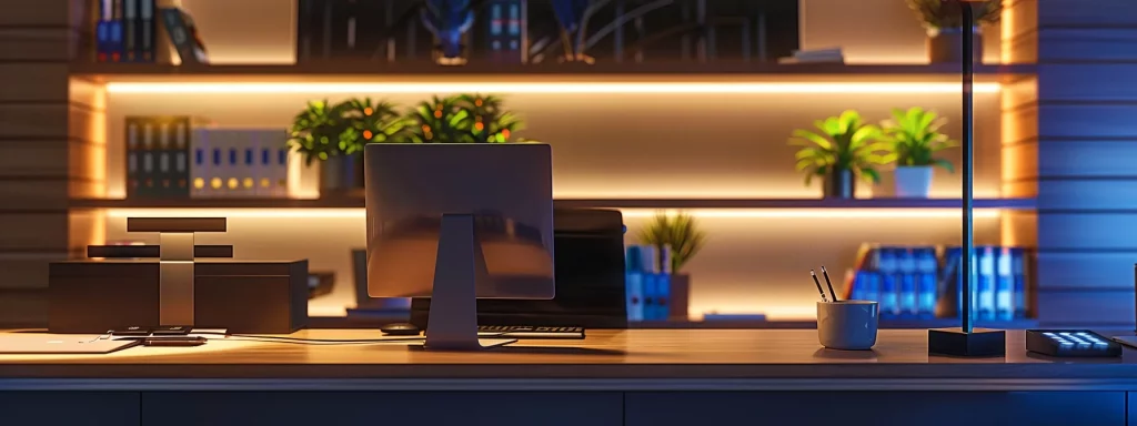 a sleek, modern office workspace features a minimalist desk with cutting-edge technology, illuminated by soft, ambient lighting that creates an inviting yet professional atmosphere.