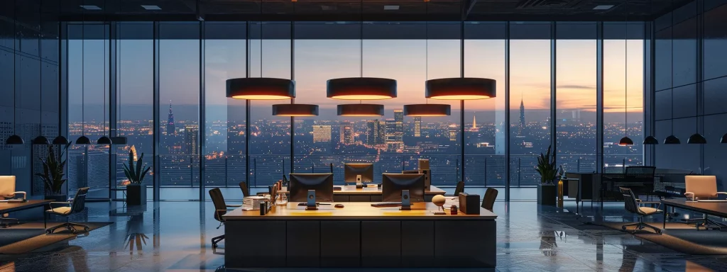 a sleek, modern office workspace glimmers under the warm glow of stylish pendant lighting, featuring a minimalist desk adorned with high-tech gadgets and an inviting view of a bustling cityscape through expansive glass windows.