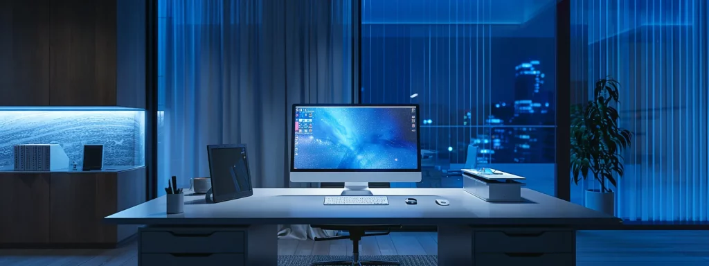 a sleek, modern office workspace features an elegantly designed desk with a high-tech computer setup, illuminated by sophisticated ambient lighting that highlights the minimalist decor and enhances the atmosphere of productivity and innovation.