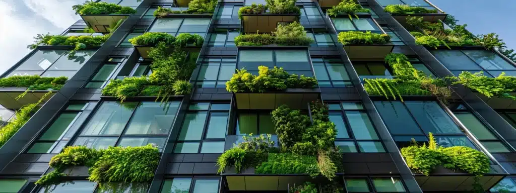 a striking modern building showcases vibrant green materials and innovative energy-efficient design elements, bathed in soft morning light, symbolising the future of sustainable architecture.