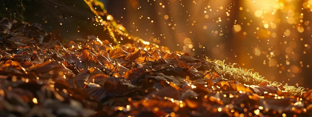 a vibrant autumn landscape unfolds with a tapestry of golden leaves blanketing the ground, illuminated by the warm glow of the setting sun filtering through the trees.