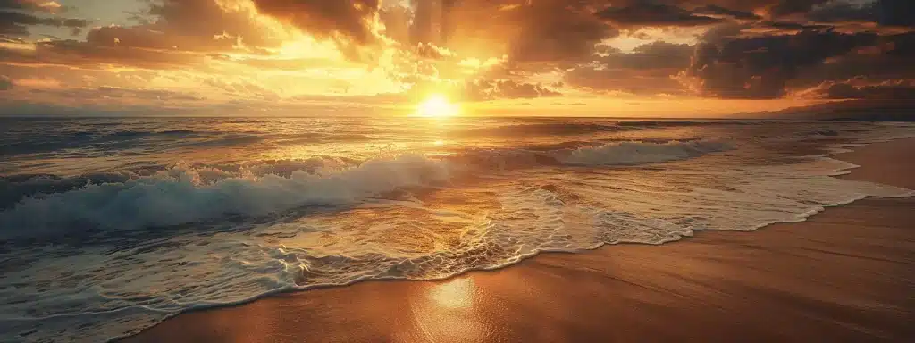 a vibrant sunset casts a golden glow over a tranquil beach, with serene waves gently lapping at the shore, creating a perfect scene of peace and natural beauty.