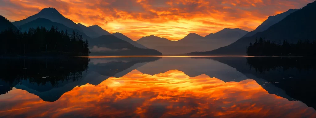 a vibrant sunset casts a golden hue over a tranquil lake, reflecting the silhouettes of towering mountains and lush forests, creating a serene and harmonious atmosphere.