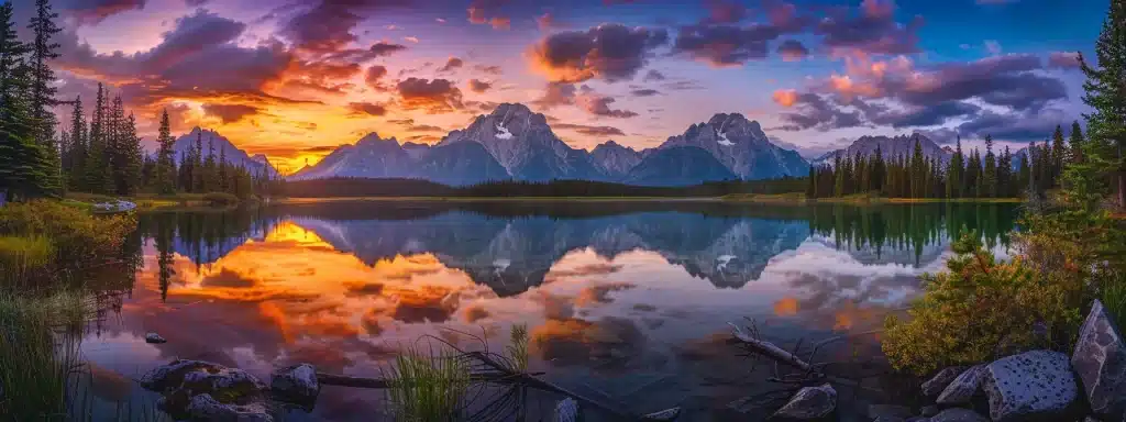 a vibrant sunset casts a warm golden glow over a tranquil lake, where the silhouettes of majestic mountains rise majestically in the backdrop, creating a serene and captivating atmosphere.