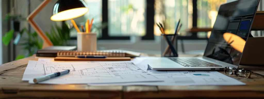 a well-organised office desk scene captures a detailed planning application for a conservatory, featuring architectural sketches, a laptop displaying design software, and a stack of regional building regulations documents, all under bright, focused overhead lighting to emphasise the task at hand.