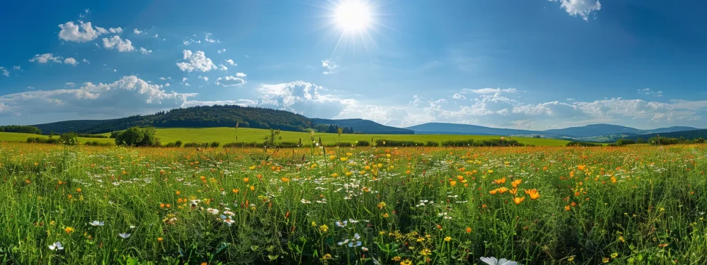 a breathtaking, sunlit landscape showcases a vibrant field of wildflowers under a clear blue sky, with rolling hills gently framing the horizon.