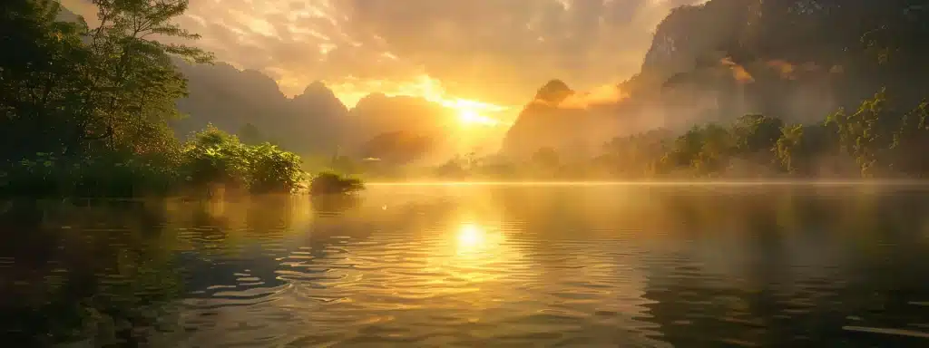 a breathtaking sunrise casts a golden hue over a tranquil lake, surrounded by misty mountains and lush greenery, creating a serene and captivating atmosphere.