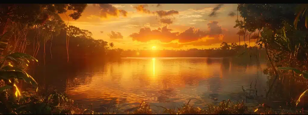 a majestic sunset casts a warm golden glow over a tranquil lake, reflecting the vibrant hues of the sky and surrounding lush greenery.