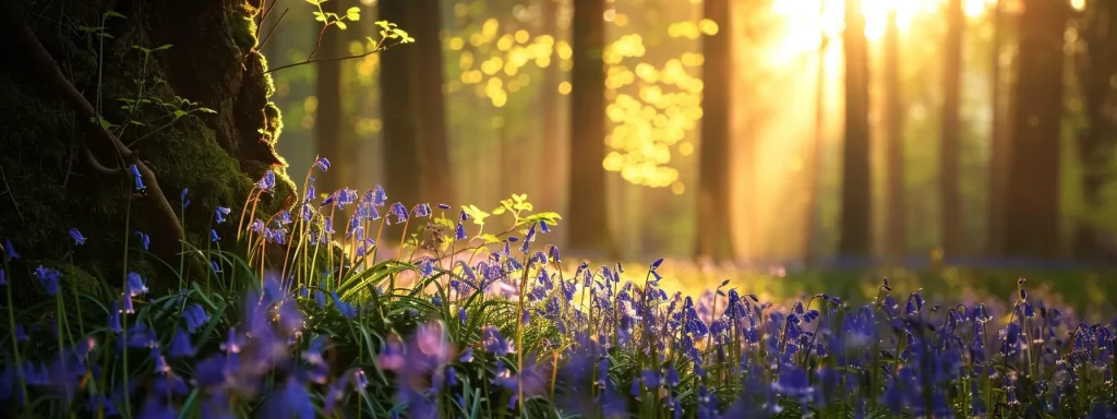 a vibrant forest bathed in golden sunlight reveals a carpet of ethereal bluebells, creating a tranquil and enchanting atmosphere.