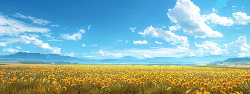 a vibrant sunflower field stretches under a brilliant blue sky, with golden blooms swaying gently in the warm summer breeze, radiating life and optimism.