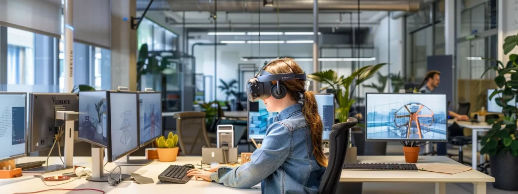 a captivating office environment features sleek vr headsets and high-tech design software, where architects engage with immersive digital models of groundbreaking projects, illustrating the innovative integration of ai and architecture.