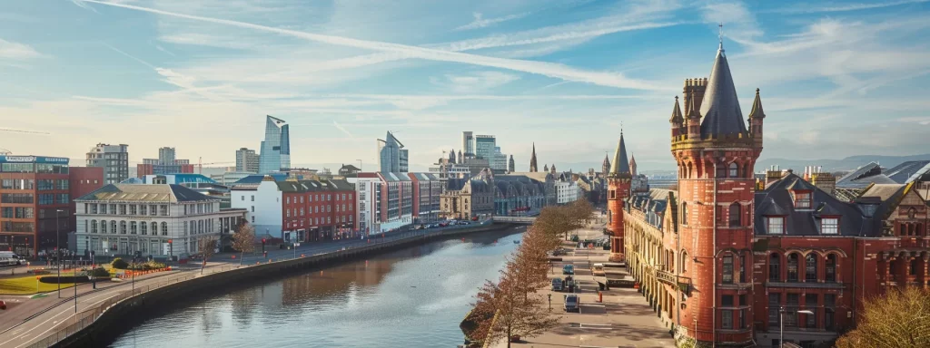 a captivating urban scene showcasing cardiff's skyline, where sleek modern buildings rise alongside beautifully preserved historic structures, highlighting the dynamic interplay between contemporary architecture and rich heritage amidst a bustling city backdrop.