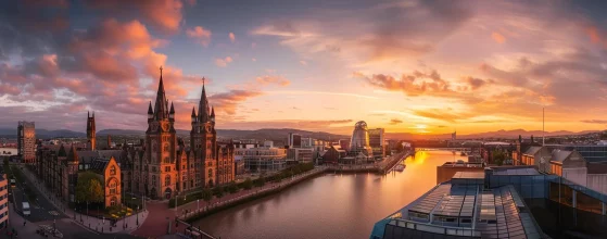 a captivating view of cardiff's skyline, showcasing the dynamic blend of contemporary architecture and historic structures under a dramatic sunset, highlighting the city's innovative designs.