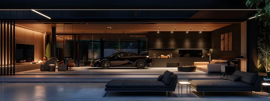 a contemporary home garage transformed into a stylish living space, featuring sleek furniture and modern decor, illuminated by warm overhead lighting, with a backdrop of tasteful minor external enhancements showcasing a seamless blend of functionality and aesthetics.
