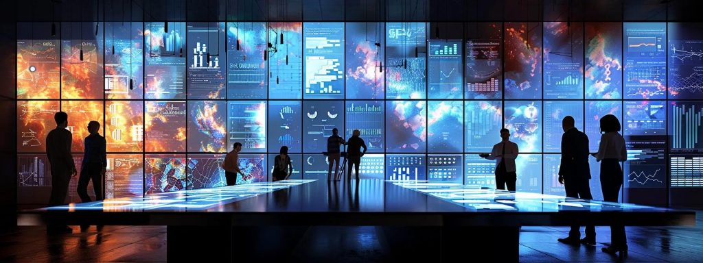 a contemporary office setting showcases a team engaged in a focused discussion around a large table, with transparent budget sheets and detailed project timelines displayed on digital screens, emphasising the importance of realistic planning in avoiding costly surprises.