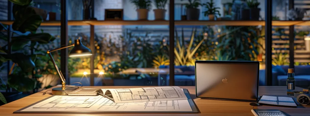 a contemporary office space features a sleek desk with architectural plans and a laptop open to a detailed garage conversion guide, illuminated by warm artificial lighting that invites focus on the strategic planning process.