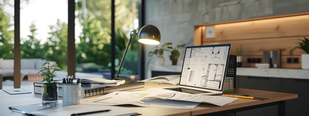 a detailed architectural diagram featuring a stylish garage conversion blueprint displayed on a sleek modern desk, surrounded by planning documents and a laptop, set in a bright and professional office environment.
