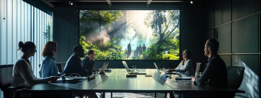 a dynamic office meeting unfolds, featuring expert architects and planning consultants engaged around a sleek conference table, strategising over 3d visualisations and vr technology, highlighting the critical importance of professional support in navigating complex planning processes.