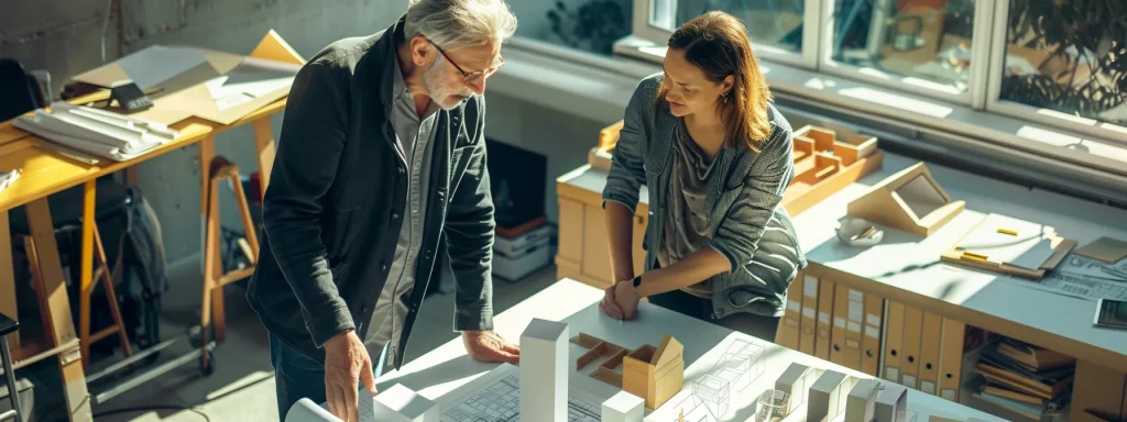 a dynamic office setting showcases an architect and builder engaged in an intense discussion, surrounded by blueprints and architectural models, emphasising their collaborative approach to project design and execution.