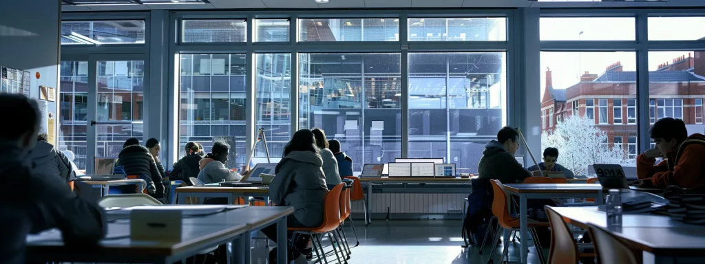 a dynamic urban landscape of cardiff showcases striking contemporary architecture, with students engaged in a lively workshop within a sleek, modern classroom, reflecting the city's commitment to architectural education and innovation.