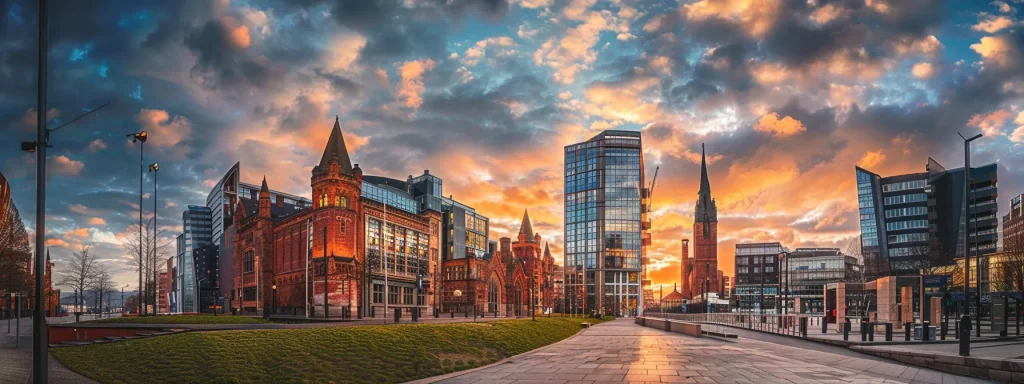 a dynamic urban scene in cardiff showcases a blend of victorian and contemporary architecture, featuring innovative buildings with striking facades that reflect the city's historical heritage and modern design principles under a dramatic sky.