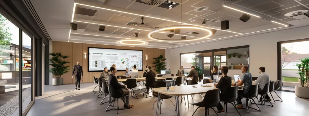 a focused interior shot of a modern office meeting room, featuring a diverse group of professionals engaged in a collaborative discussion around a large table, with visual aids like architectural plans and digital presentations illustrating the planning application review process for a two-storey extension.