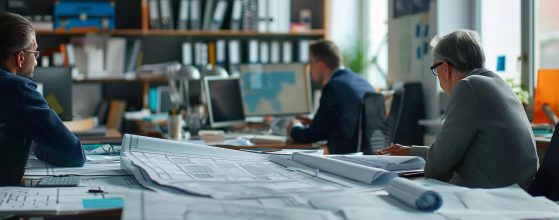 a focused office environment featuring a diverse group of professionals engaged in a strategic meeting, surrounded by architectural blueprints and planning documents, illuminating the complexities of navigating planning permission challenges.