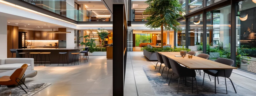 a meticulously designed open-plan living space showcases a stunning two-storey extension with sleek modern finishes and large windows, illuminating its contemporary interior, against a backdrop of an urban residential setting.