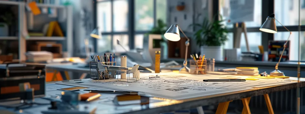 a meticulously organised urban office workspace showcases a diverse team of house renovation specialists engaged in a dynamic discussion, surrounded by detailed project plans and architectural blueprints, emphasising professionalism and expertise in home improvements.