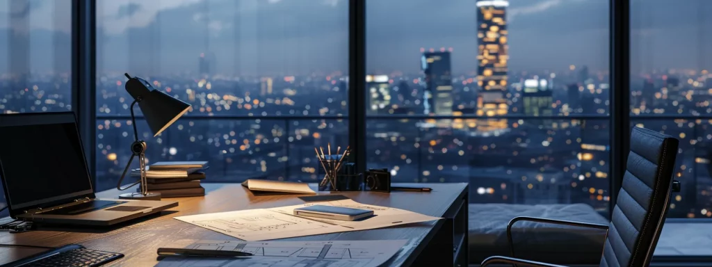 a modern architect's office, featuring a sleek desk with blueprints for garage conversions spread out, illuminated by bright led lights, as an architect discusses planning permissions and safety regulations with a client amid a backdrop of city skyline views.