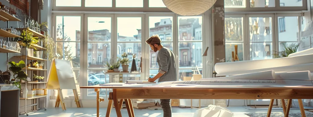 a modern architect's office, featuring sleek designs and blueprints spread across a polished table, with an architect intently discussing innovative extension concepts with a homeowner amidst a backdrop of large windows and urban cityscapes.