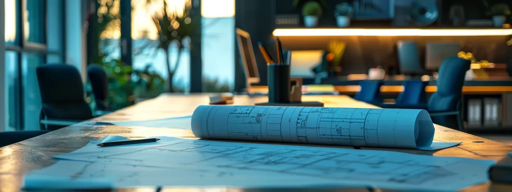 a modern architect’s office, featuring detailed blueprints of two-storey house extensions spread across a sleek conference table, illuminated by bright led lights, emphasising the complexities of planning restrictions and regulations.