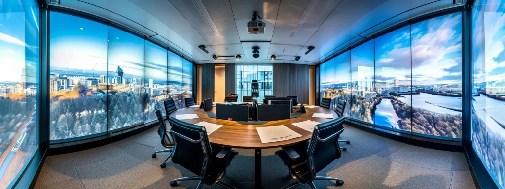 a modern architectural office in cardiff showcases a sleek conference room where clients engage with immersive vr technology, surrounded by dynamic design blueprints and advanced ai interfaces, emphasising innovation and sophistication in the new build market.