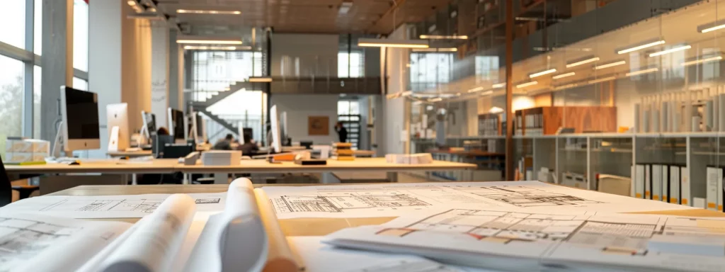 a modern architectural office space showcases blueprints and detailed architectural models of a two-storey extension, illuminated by sleek overhead lights, emphasising the intricate planning process with materials like cladding samples and technical diagrams prominently displayed.