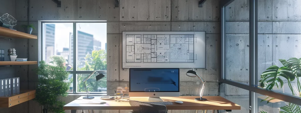 a modern home office featuring a spacious desk, a computer displaying architectural plans, and a wall adorned with building regulation guidelines, conveying the intricacies of garage conversion planning alongside an open window revealing a contemporary urban environment.