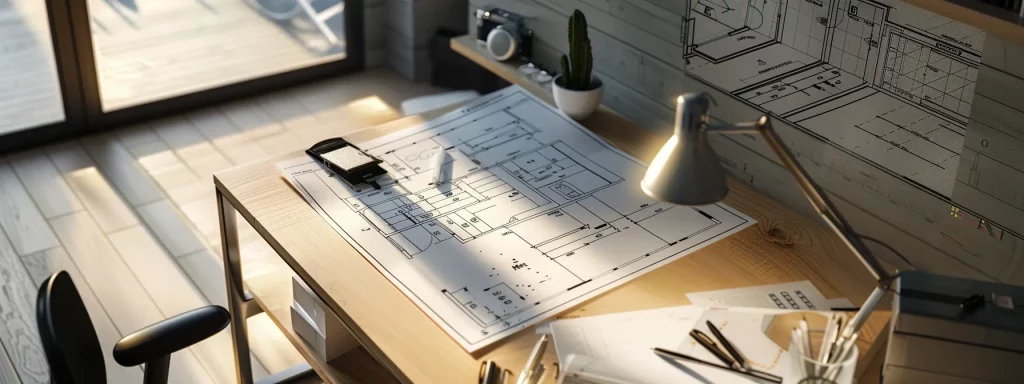 a modern home office interior featuring a detailed architectural blueprint laid out on a sleek desk, with a wall-mounted plan approval notice prominently displayed, emphasising the theme of planning permission for garage conversions.