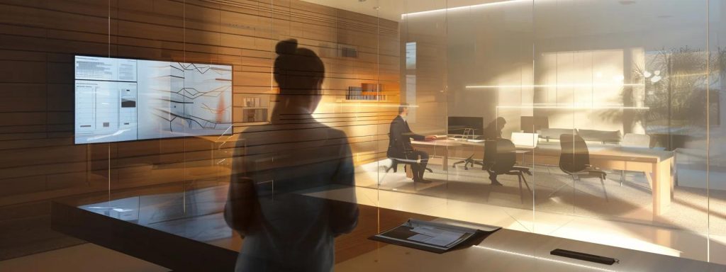 a modern office environment featuring a focused planning consultant reviewing detailed amendment documents on a sleek digital tablet, with a large screen displaying a virtual simulation of proposed changes, embodying clarity and strategic guidance amidst complex planning procedures.