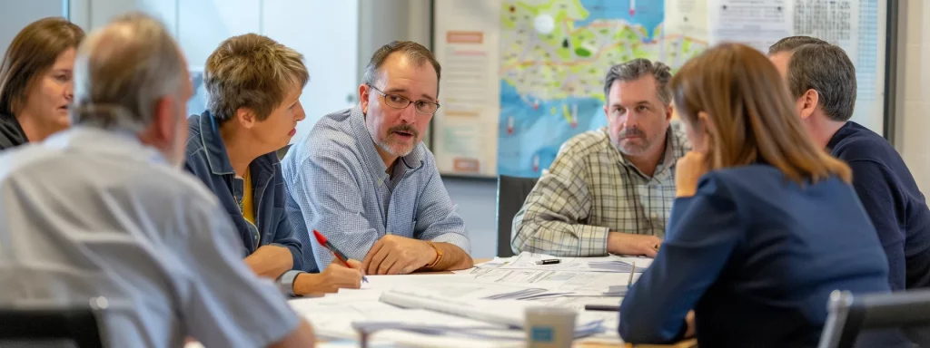 a modern office meeting space showcases a group of attentive professionals engaged in a detailed discussion over blueprints and renovation plans, emphasising the expertise and collaboration required for successful home improvement projects.