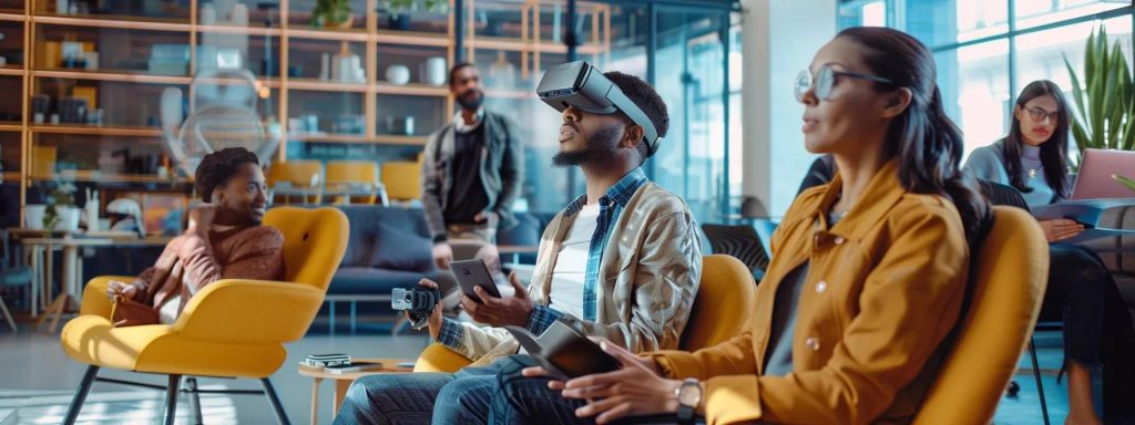 a modern office setting features a diverse group of professionals engaged in a dynamic virtual reality presentation, showcasing a vibrant urban design proposal while discussing community feedback around local architectural heritage and ambience.