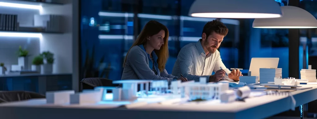 a modern office space showcases a sleek table with blueprints and architectural models, highlighting a thoughtful discussion between a reflective homeowner and a professional architect, illuminated by soft overhead lighting that emphasises their focused expressions.