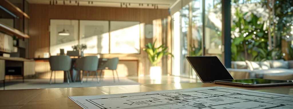 a modern office space showcases a detailed blueprint of a two-storey home extension pinned to a sleek glass wall, with a architectural consultant reviewing plans while a digital tablet displays local council regulations.