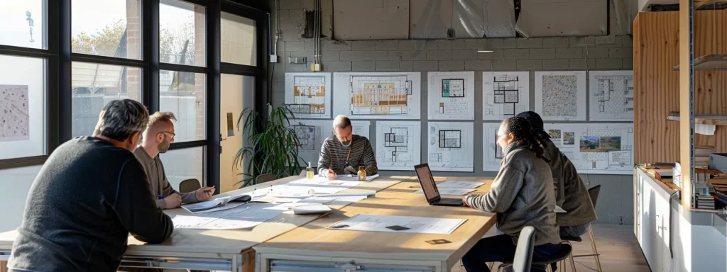 a modern office space showcases a diverse group of homeowners engaged in a collaborative discussion around blueprints and digital planning tools, emphasizing the synergy of shared experiences and professional guidance in navigating two-storey extension projects.