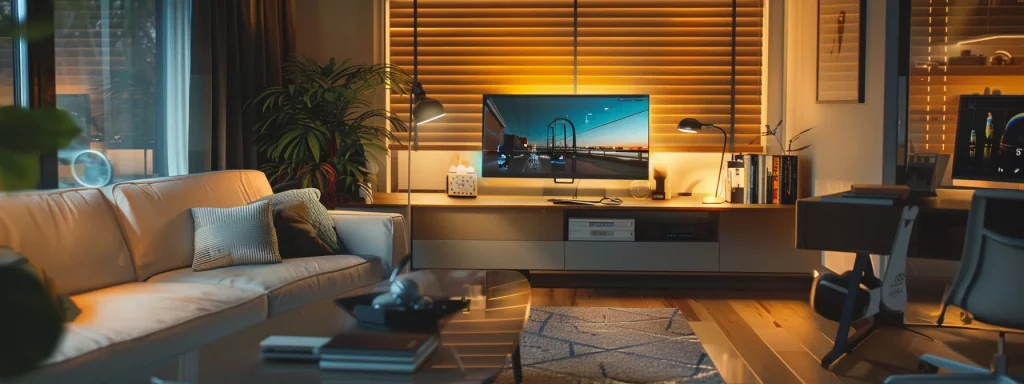 a modern, sleek home office is illuminated by warm, ambient lighting, showcasing a digital display of a 3d augmented reality model of a beautifully designed living space, complete with stylish furnishings and innovative floor plans.