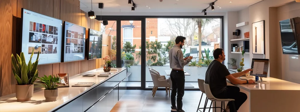 a modern, sleek home renovation office, bustling with digital displays showcasing renovation portfolios, while a professional discusses project plans with clients in a well-lit, stylishly designed space.